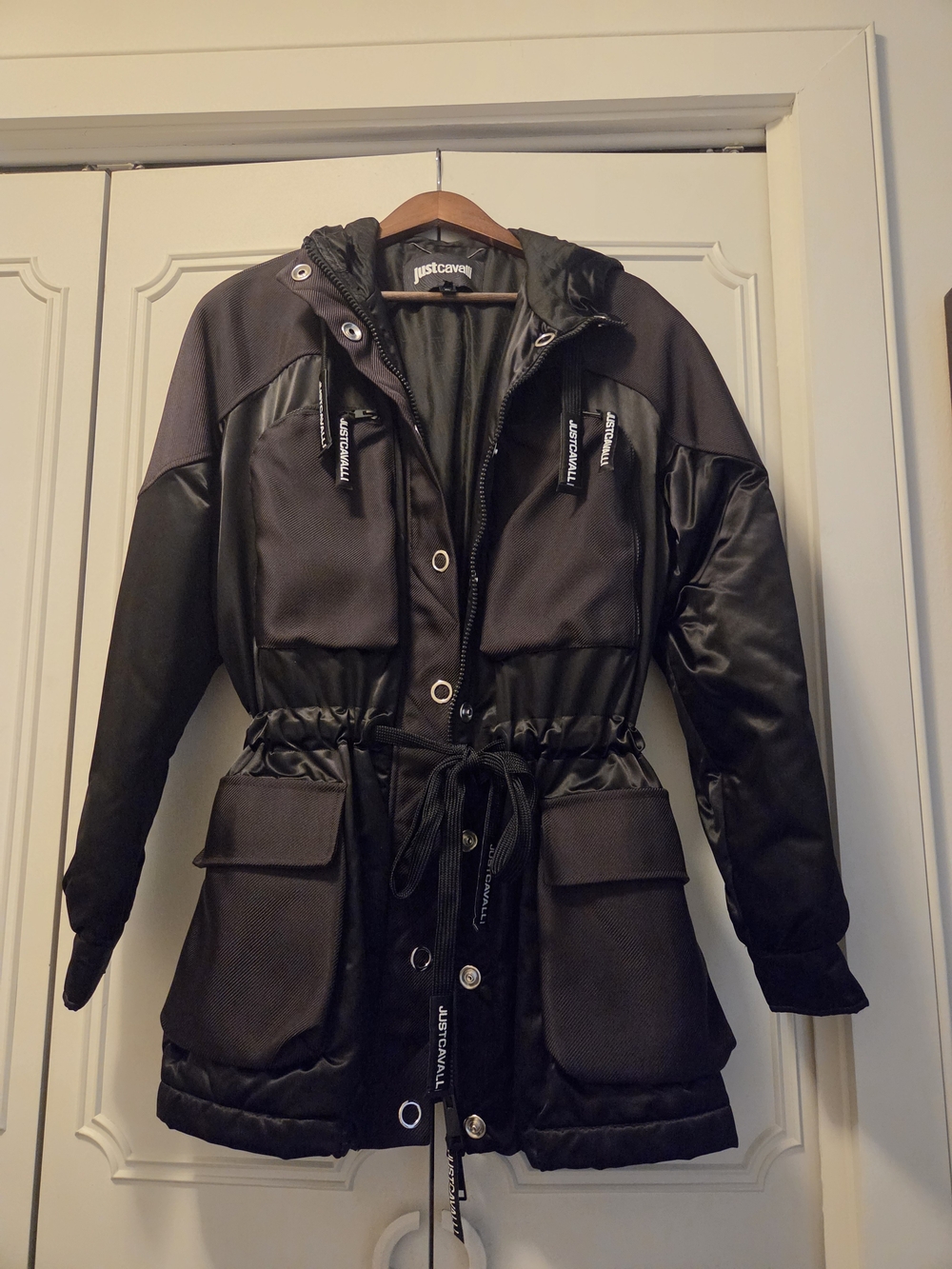 Just Cavalli Black Utility Hooded Parka with Drawstring Waist